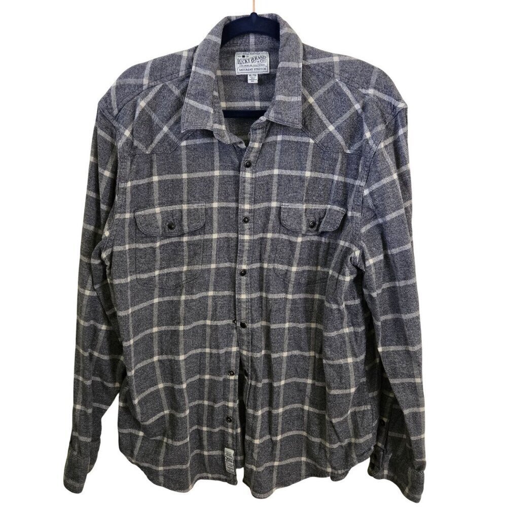 Lucky Brand Saturday Stretch Blue Gray Snap Western Flannel Shirt 2022 Size XL